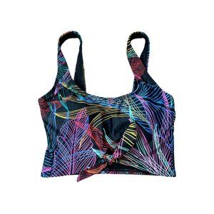 SandFlower Neon Tropical Faux Tie Crop Swim Top